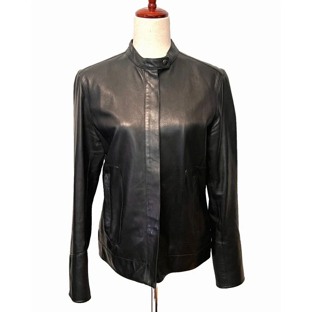 Faconnable Women's M Black Lambskin Leather Moto Jacket City Biker Rock Gothic - Picture 1 of 11